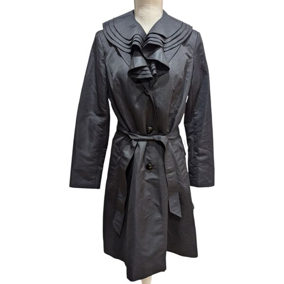 Pamela McCoy Womens XS Classic Ruffle Collar Ladies Trench Coat Belted Black NWT - Picture 1 of 11